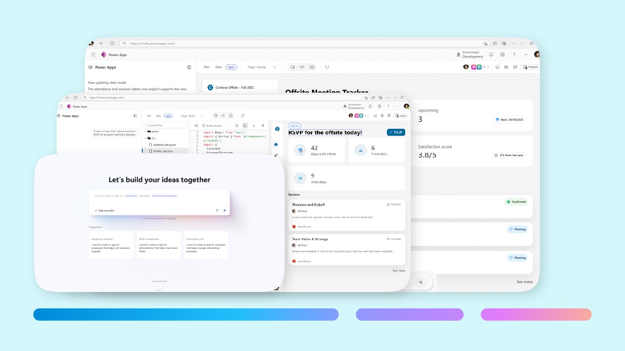 Layered computer windows showing Power Apps interface.